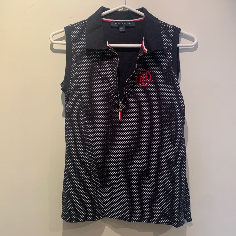 Tommy Hilfiger Golf Shirt Polo Sleeveless Preppy Logo Quarter Zip Polkadot